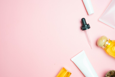natural cosmetics skincare and leaves on pink backgroundの写真素材