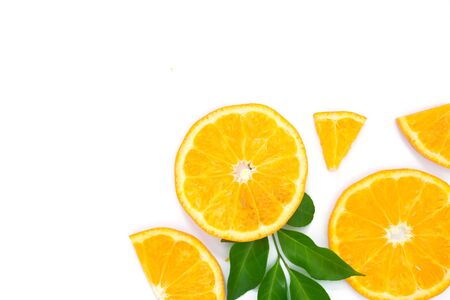 fresh orange slices on white background from top view