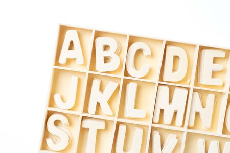 ABC english wood letters on white blackground