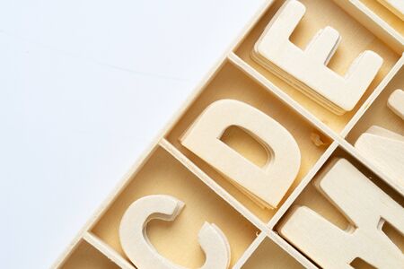 ABC english wood letters on white blackground