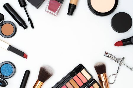 set decorative cosmetics with text space on white backgroundの写真素材