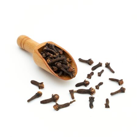 dried cloves wooden spoon on white backgroundの写真素材