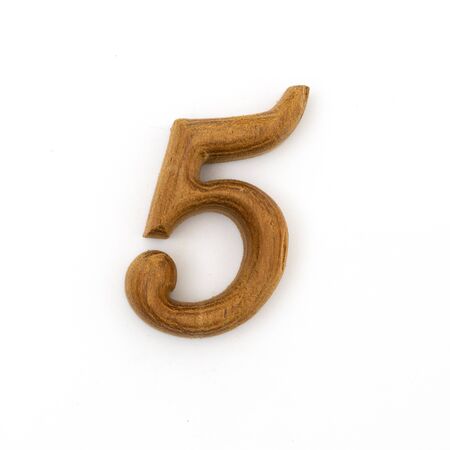 wood number five on white backgroundの写真素材