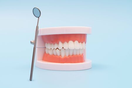 Teeth model and dentist tool on blue background