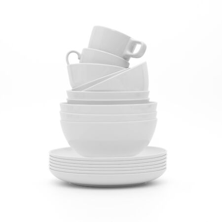 Set clean dishes glasses on whiteの写真素材