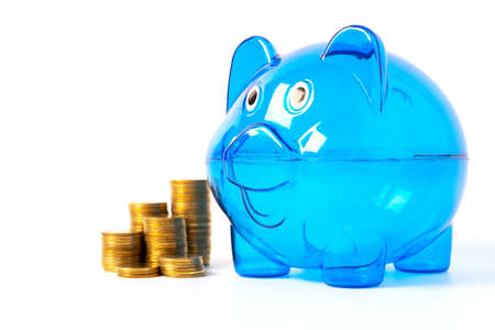 blue piggy bank on white backgroundの写真素材