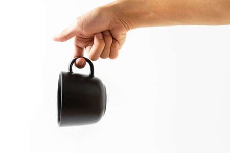 hand holding black color cup coffee on white background
