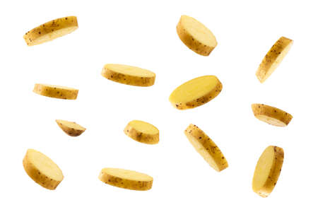 raw potatoes flying isolated on white backgroundの写真素材
