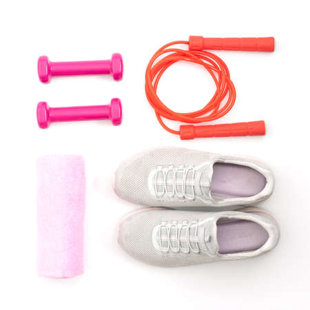 sports still life top view dumbbells on white background