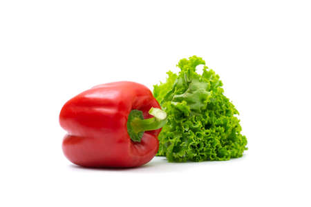 Red bell peppers isolated on white backgroundの写真素材