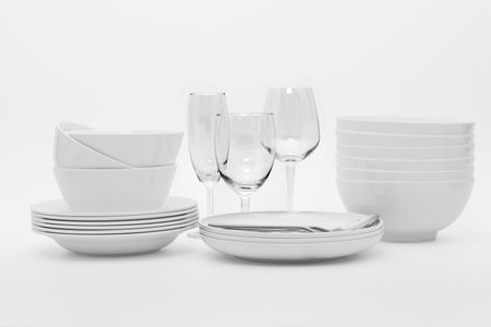 set clean dishes glasses on white backgroundの写真素材