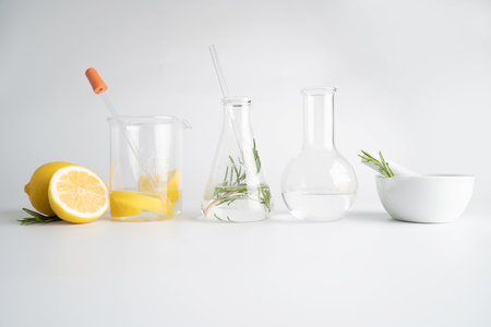 laboratory research alternative herb medicine organic on whiteの写真素材