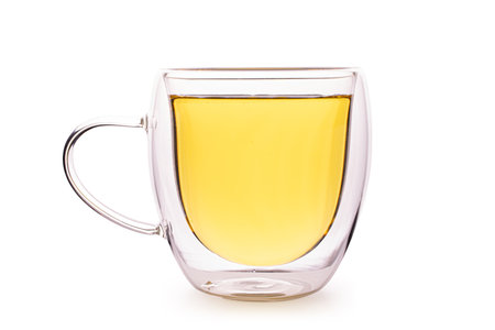 Glass cup hot tea isolated on white backgroundの写真素材