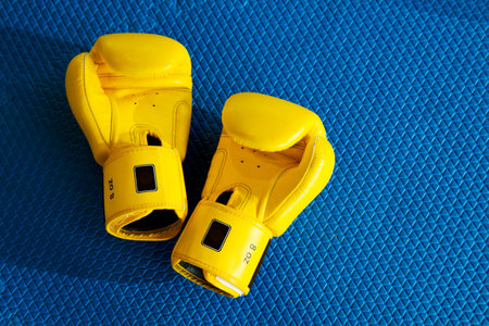 Yellow boxing gloves on blue matの写真素材