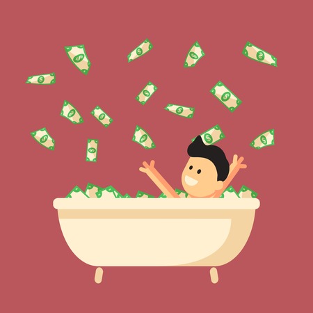 Bath full of money with happy man in it. Success abstract illustration. Happy person with huge mount of dollars.のイラスト素材