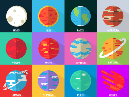 Flat design icons set - planets with names. Vector astronomic abstract objectsのイラスト素材