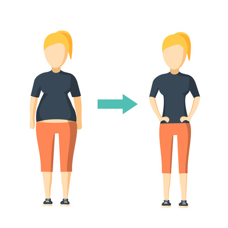 Women weight loss success. Fat and slim woman before and after diet vector illustrationのイラスト素材