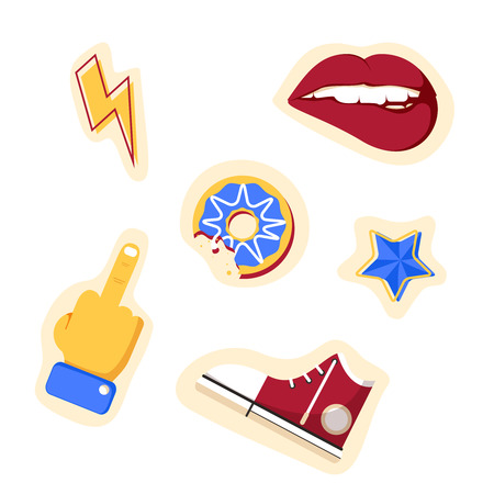 Fashion patch badges with lips, star, hand and other elements. illustration isolated on white background. Set of stickers, pins, patches in cartoon 80s-90s comic style.のイラスト素材