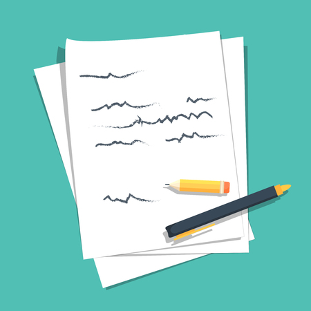 Paper sheets pile with abstract written text with pen and pencil top vector illustration, concept or writing letter, message, education, author workplace isolated on color backgroundのイラスト素材
