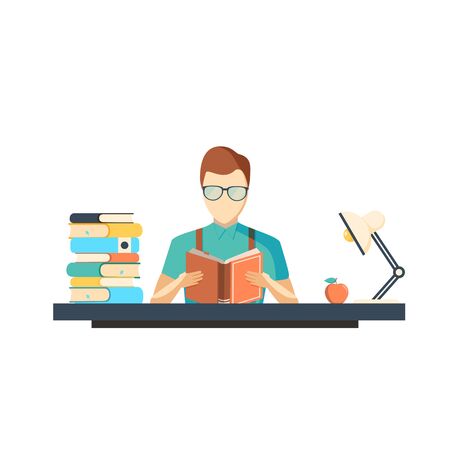 man sitting by the table and reading book, with stack of books next to him. Vector illustration.のイラスト素材