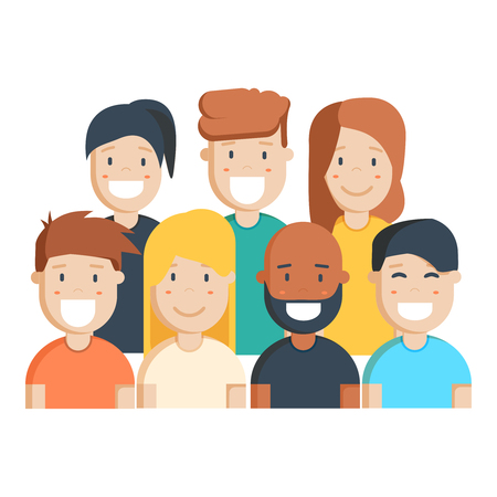 Diverse group of people, students or workplace. Cute and simple flat cartoon style. Isolated vector illustration.のイラスト素材