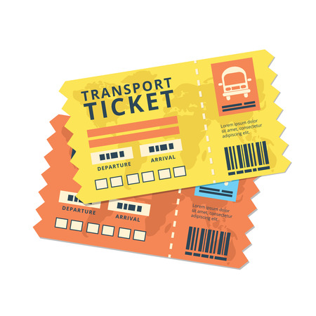 ticket travel bus icon. World traveller tickets collection. Pattern of boarding pass ticket with code. Concept of travel, journey or business. Isolated on white. Vector illustrationのイラスト素材