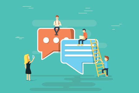 Speech bubbles for comment anf reply concept flat illustration of young people using mobile smartphoneの写真素材