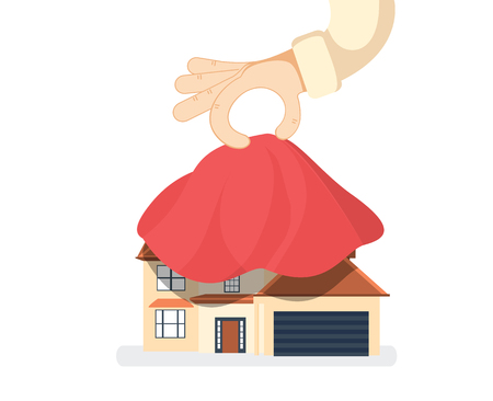 Presentation house. House covered with red silk cloth. Opening construction concept.のイラスト素材