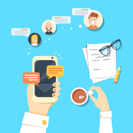Online reading announcements in social networks. Female hands holds smartphoneのイラスト素材