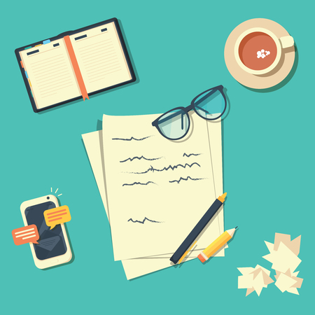 Writer workplace vector illustration isolated on green backgroundのイラスト素材