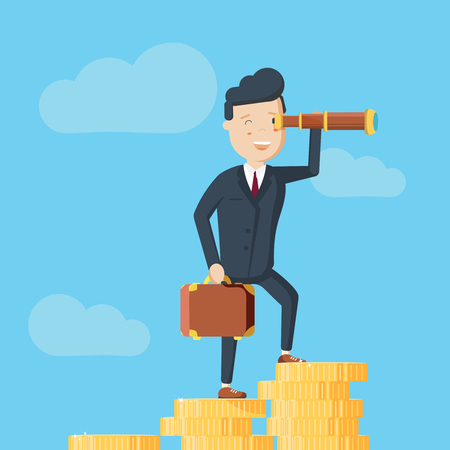 Businessman stands on a mountain of coins and looks afar through a spyglass.のイラスト素材