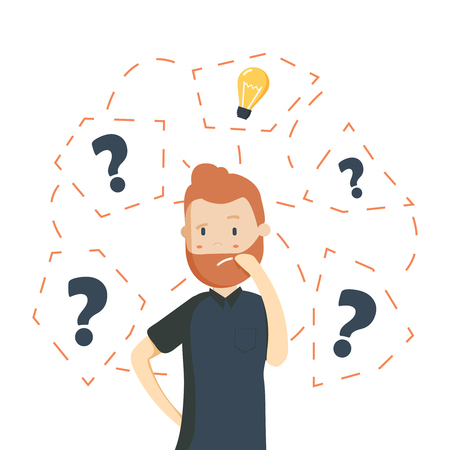 Caucasian hipster business man having creative idea. Business man standing with question marks and ideaのイラスト素材