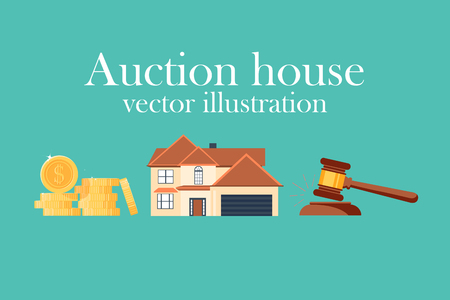 Auction house. Concept bidding on home. Gavel, house, cash, coins isolated on background.のイラスト素材