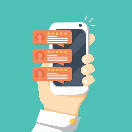 Review rating bubble speeches on mobile phone vector illustration, flat style smartphone reviews stars with goodのイラスト素材
