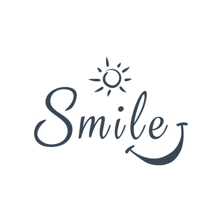 Smile. Inspirational quote about happy. Modern calligraphy phrase with hand drawn smile and sun.のイラスト素材