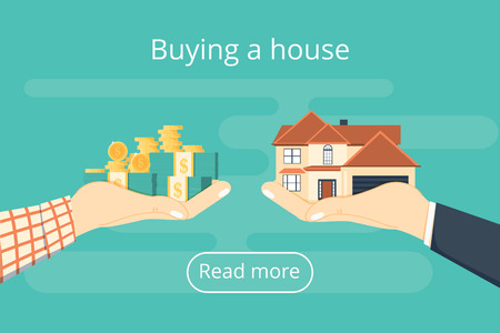 Buying house. Agent of real estate holding in hand house, key. Buyer, customer gives gold coin. Deal sale and purchase of real, concept. Vector illustration flat isometric design. Money home.のイラスト素材
