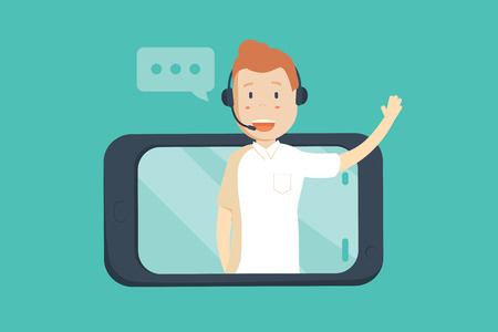 Smiling male operator with headset speaking from screen of a smart phone. Customer service concept.のイラスト素材