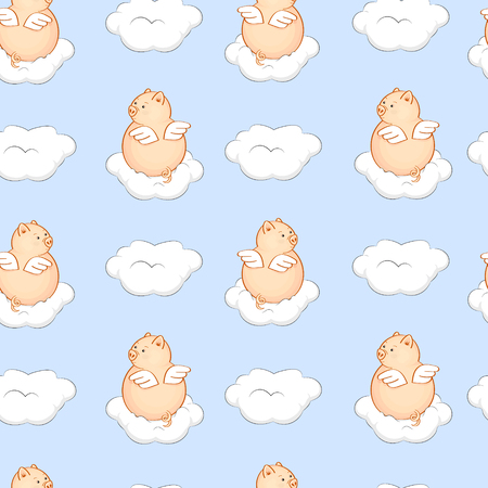 Seamless pattern with angel pigs and white clouds in the blue sky.のイラスト素材