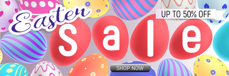 Easter sale banner with text on the red easter eggs.のイラスト素材