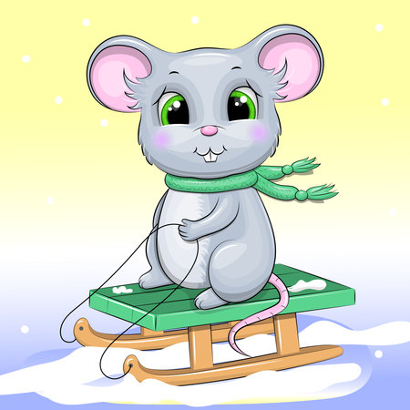 Cute catoon mouse sleigh ride. Winter vector illustration of animal with green scarf.のイラスト素材