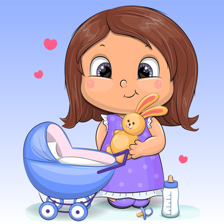 Cute cartoon girl with toy, pram stroller, milk bottle, babies dummy. Vector illustration of child with baby accessories.のイラスト素材