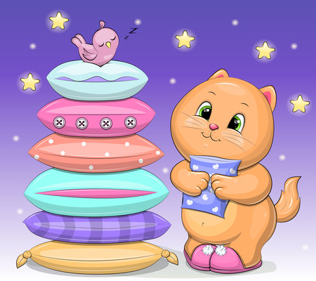 Cute cartoon cat with many colorful pillows. Night vector illustration with animal on the dark blue background with stars.のイラスト素材