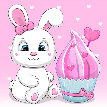 Cute cartoon baby rabbit with pink cupcake. Vector illustration of animal on the pink background with hearts.のイラスト素材