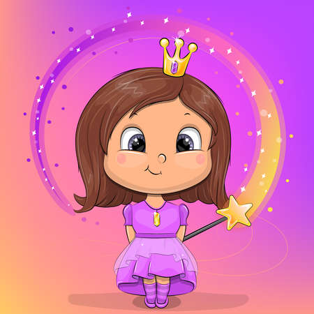 Cute cartoon baby girl with a crown and magic wand. Illustration with princess in a purple dress.の写真素材