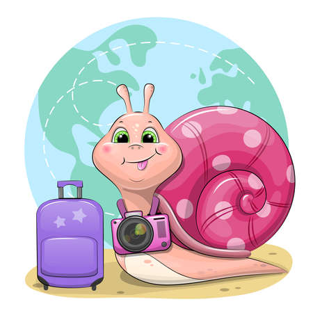 Cute cartoon snail with camera and luggage. Vector illustration of a traveling animal with a globe in the background.のイラスト素材