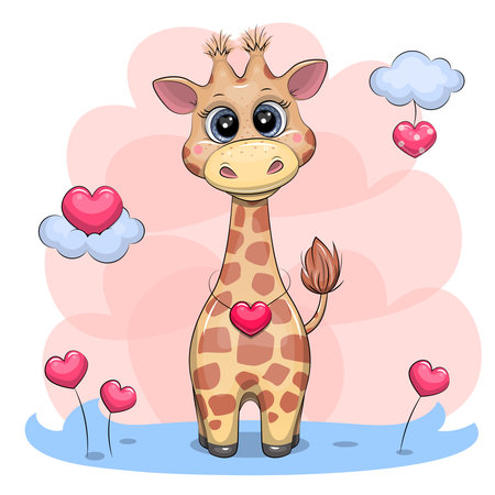 Cute cartoon giraffe with hearts. Vector illustration of an animal.のイラスト素材