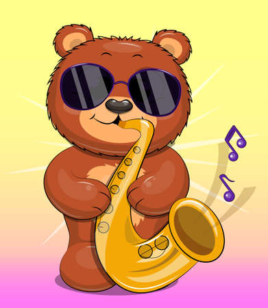 A cute cartoon brown bear wearing sunglasses plays the saxophone. Vector illustration of an animal on a colorful background.のイラスト素材