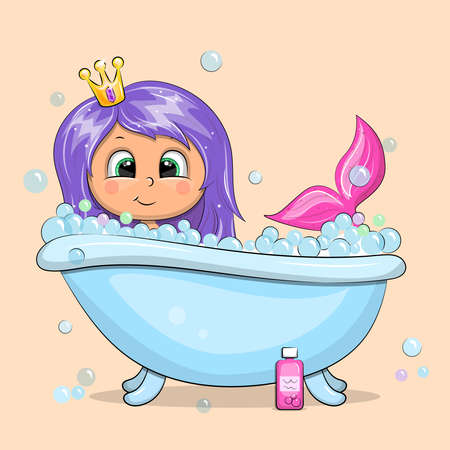 A cute cartoon mermaid with a crown is taking a bath. Vector illustration on a pink background with bubbles.のイラスト素材