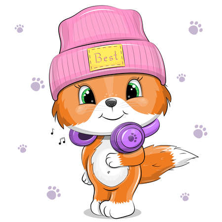 Cute cartoon fox wearing a hat and purple headphones. Vector illustration of an animal on a white background with paws.のイラスト素材