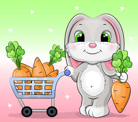 Cute cartoon rabbit with a shopping cart full of carrots. Vector illustration of an animal on grocery shopping.のイラスト素材